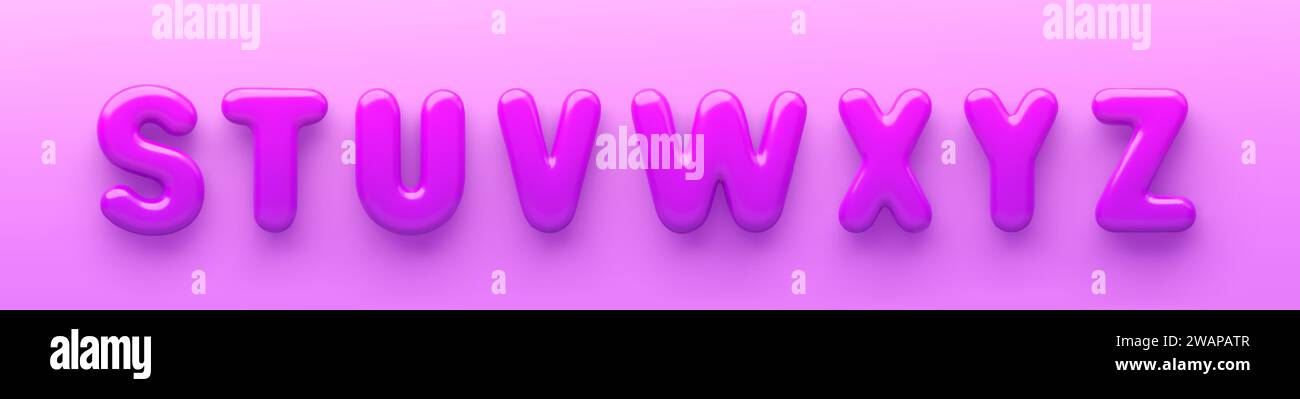 3D Lila Großbuchstaben S, T, U, V, W, x, Y und Z mit glänzender Oberfläche auf violettem Hintergrund Stock Vektor