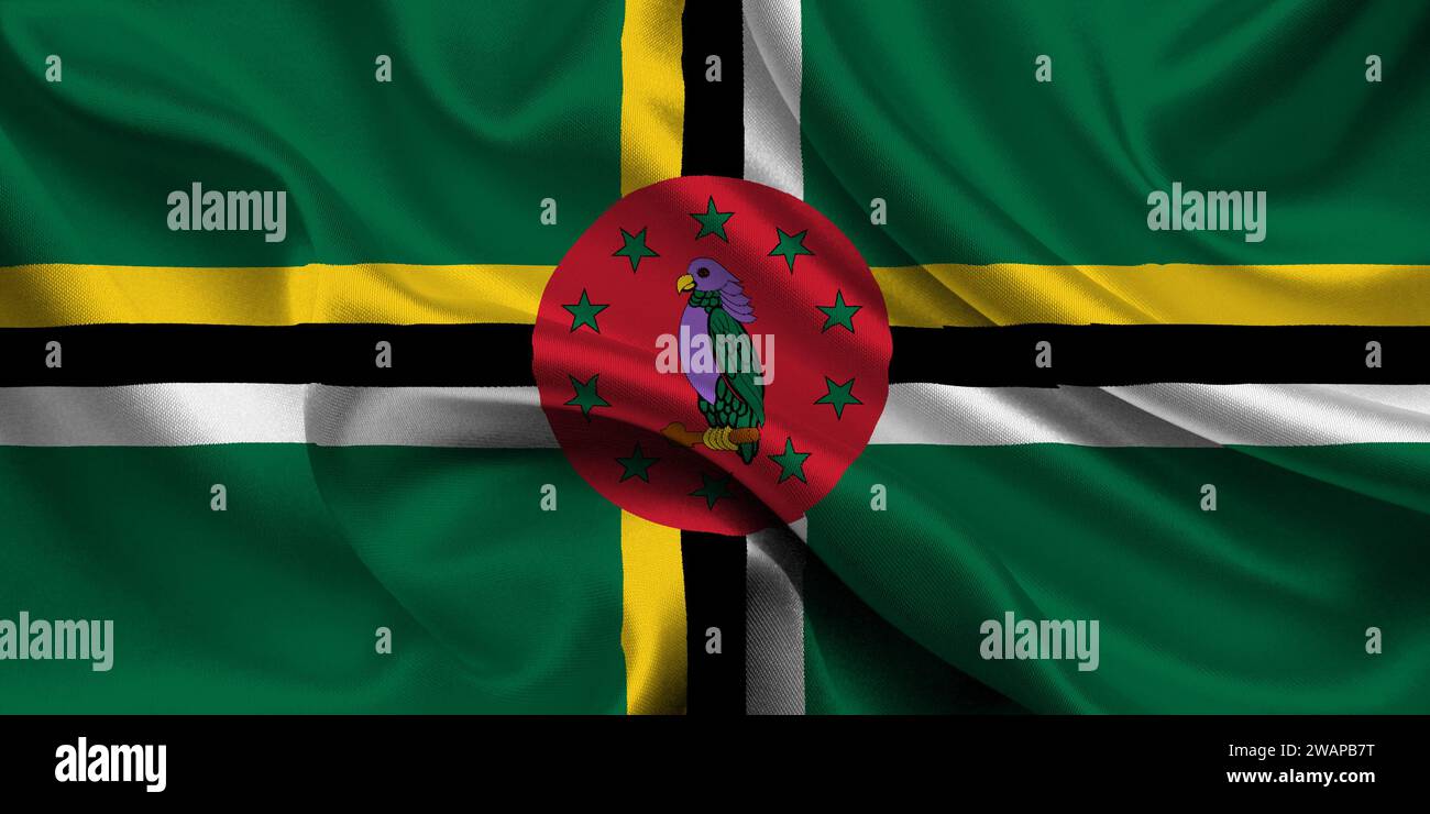 Hohe detaillierte Flagge von Dominica. Nationale Dominica-Flagge. Nordamerika. 3D-Abbildung. Stockfoto