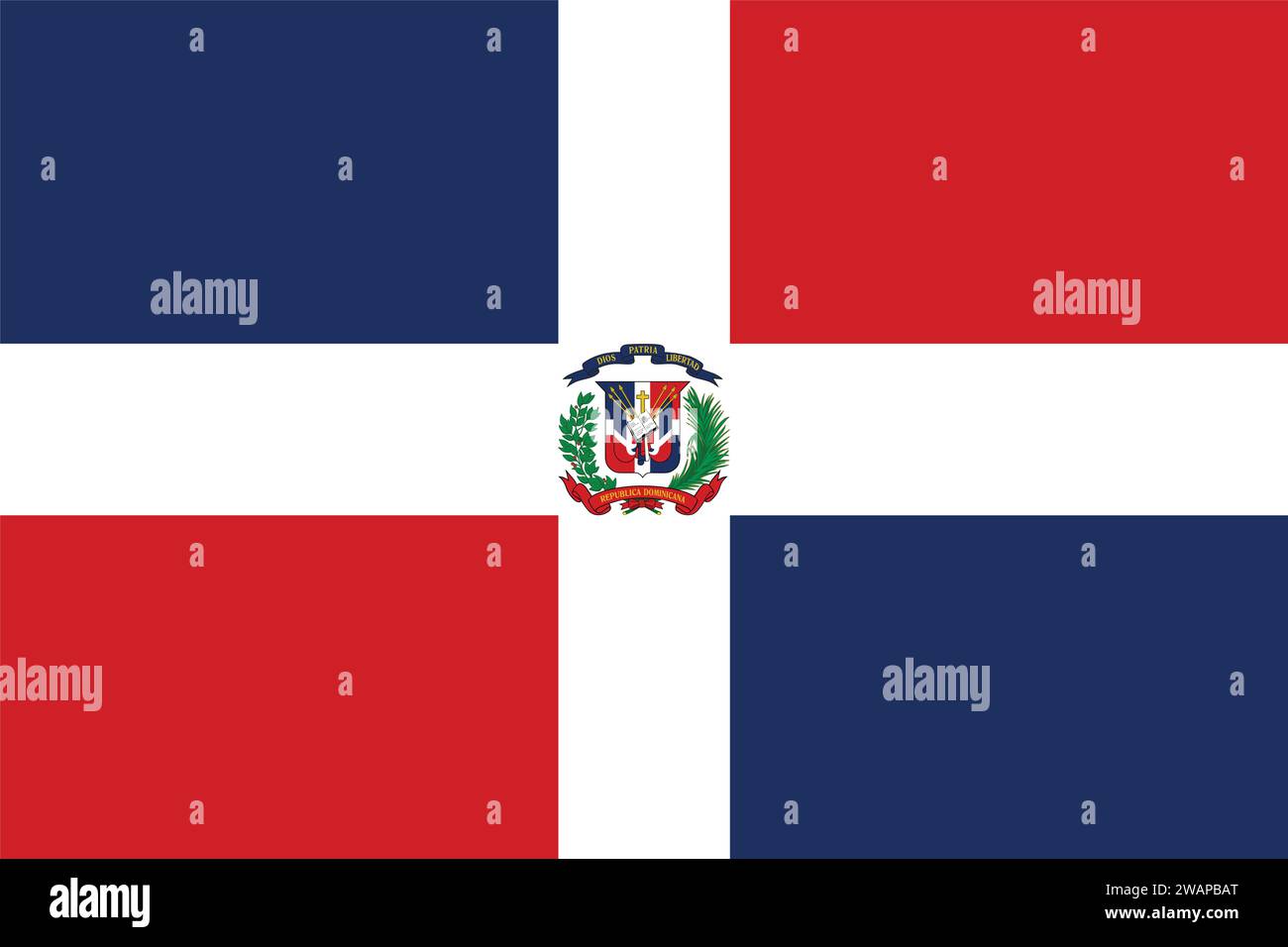 Hohe detaillierte Flagge der Dominikanischen Republik. Nationale Flagge der Dominikanischen Republik. Nordamerika. 3D-Abbildung. Stock Vektor