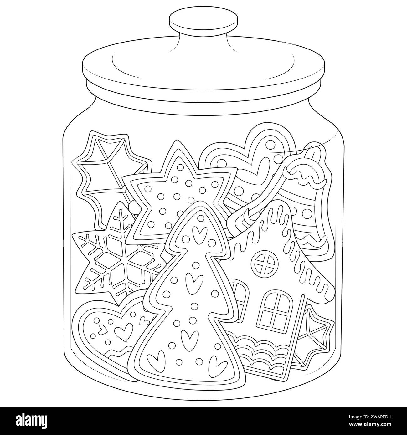 Weihnachtskuchenkekse in einem Glas Schwarz-weiß. Kunsttherapie Ausmalseite für Kinder und Erwachsene. Vektorabbildung Stock Vektor