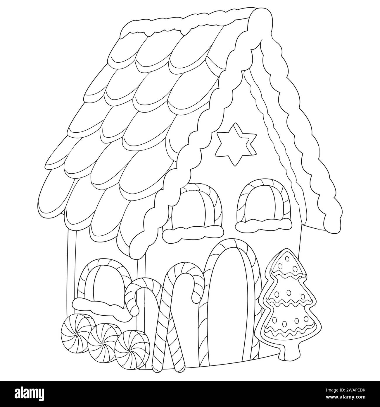 Lebkuchenhaus Weihnachten. Schwarz-weiß. Kunsttherapie Ausmalseite für Kinder und Erwachsene. Vektorabbildung Stock Vektor