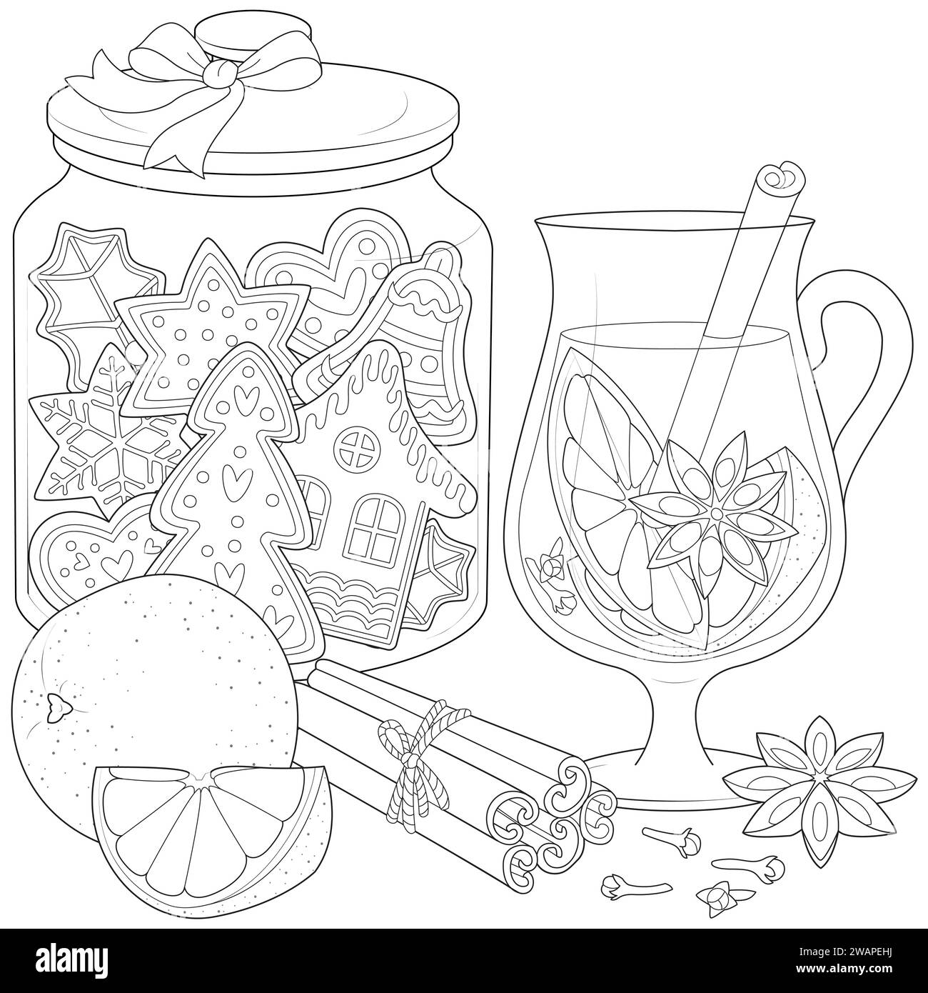 Vektor-Illustration von Glühwein im Glas mit Zitrusfrüchten und Gewürzen isoliert auf weißem Hintergrund. Weihnachtliches Stillleben mit Lebkuchen, Gewürzen, Obst und Grog. Winterbecher mit heißem Getränk. Ausmalseite. Stock Vektor