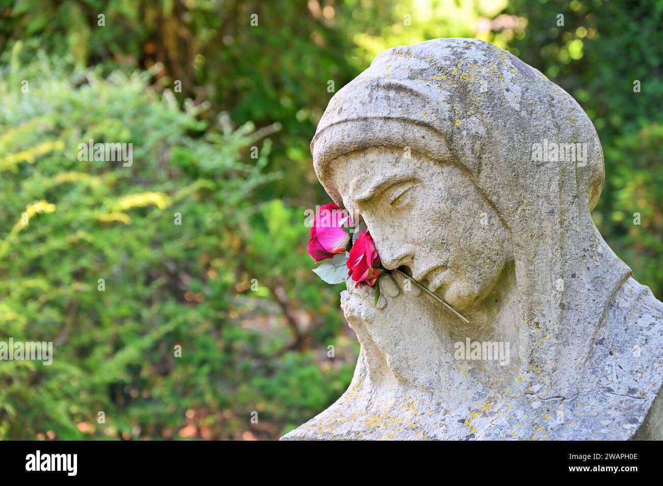 Die Trauerstatue mit betenden Händen und Blumen vor Gräbern Stockfoto