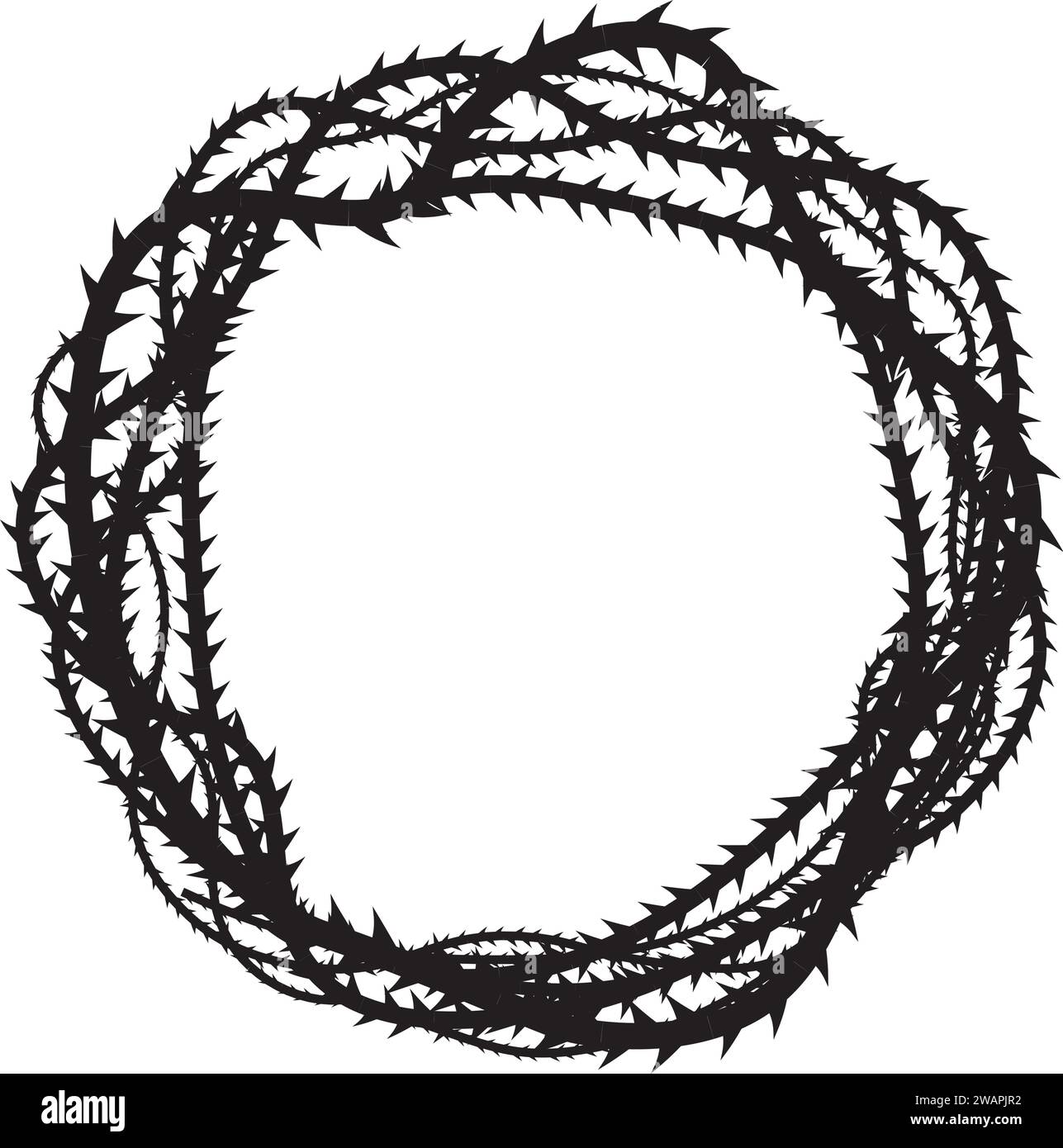 Schwarze Silhouette eines ineinander verflochtenen Dornkranzes, der die Krone Christi symbolisiert, aggressiv und bedrohlich Stock Vektor