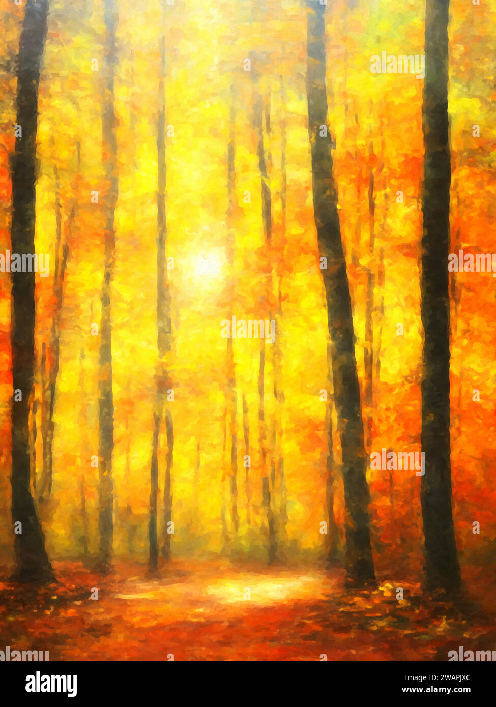 Licht und Schatten (Waldszene)“ – Ein Gemälde, das das Zusammenspiel von Licht und Schatten zwischen Bäumen und Laub eines Waldes einfängt. Stock Vektor