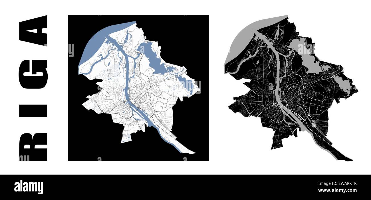 Riga Karte. Lettland Stadt innerhalb der administrativen Gemeindegrenzen. Satz von Schwarzweiß-Vektorkarten. Straßen und Fluss Daugava, hohe Auflösung. Stock Vektor