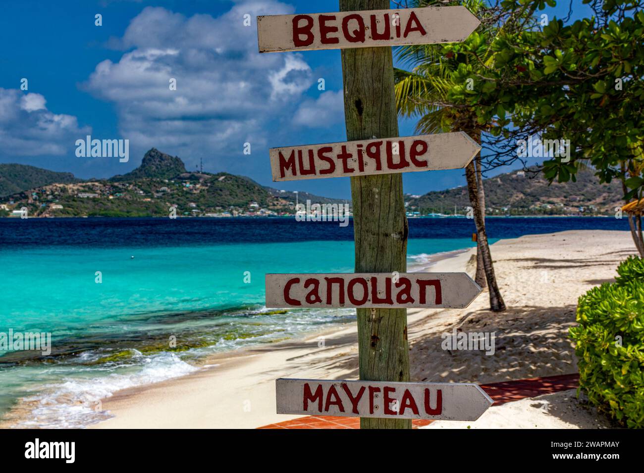 Blick auf den Karibischen Strand von Palm Island auf Union Island mit handgemaltem Schild auf die nahe gelegenen Inseln, den türkisfarbenen Ozean und den blauen Himmel. Stockfoto