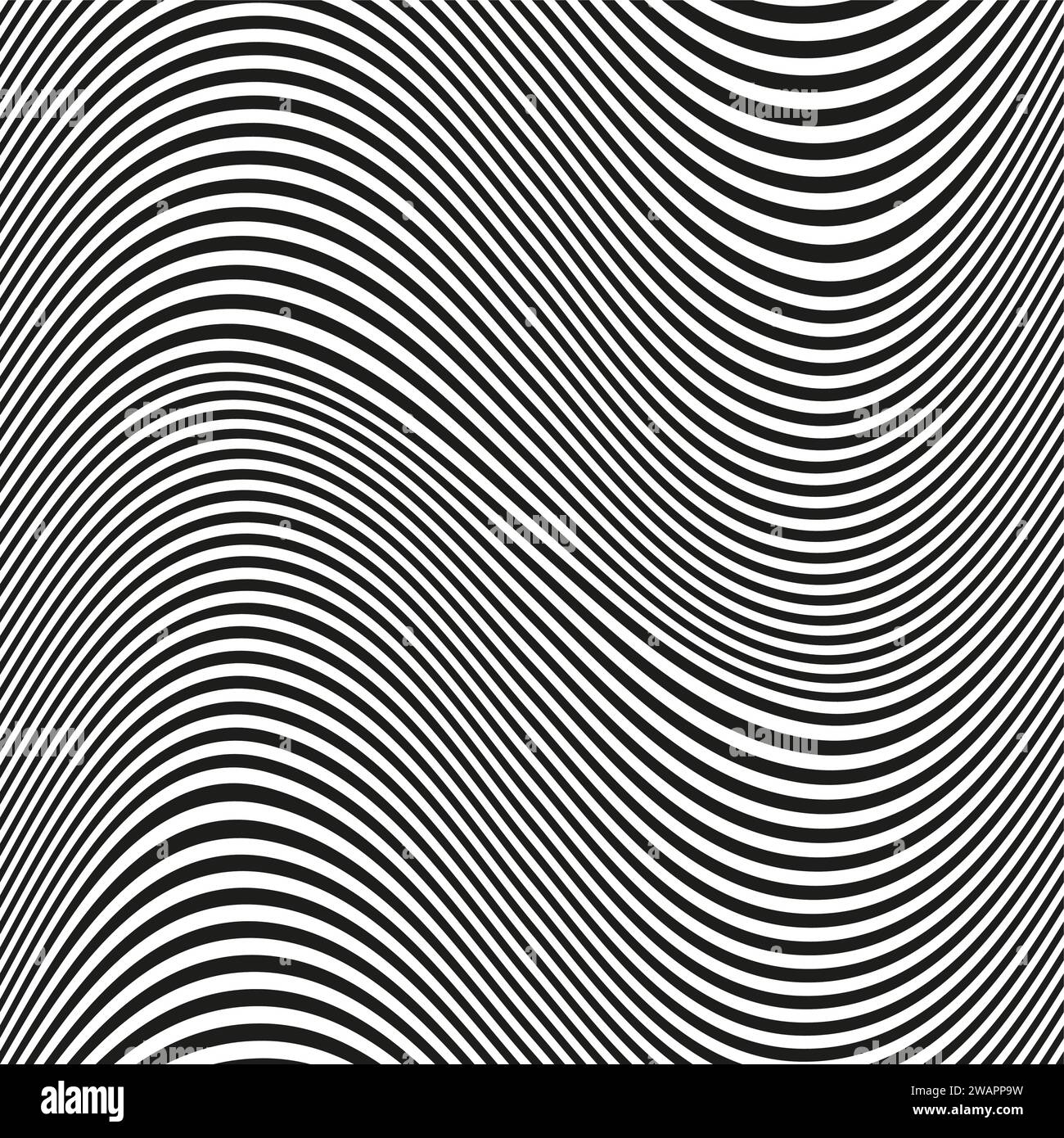 Nahtloses OP Art Wave-Muster. Streifenlinien Schwarzweißwellen optische Illusion verzerrtes Muster. Stock Vektor