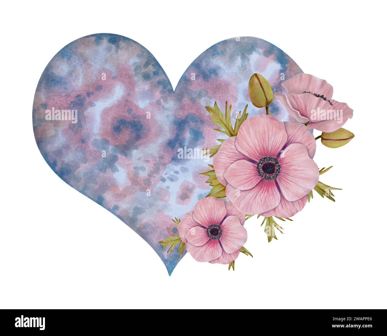 Kosmisches Herz mit rosa Anemonenblume. Himmlisches botanisches Element für Valentinstag, Muttertag. Esoterik und Spiritualität Konzept. Aquarell und Stockfoto