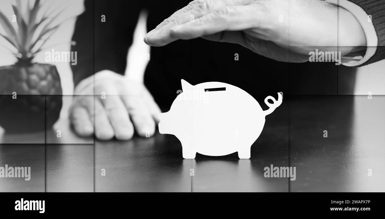 Männliche Hände mit einer schützenden Geste eines Sparschweines, geometrisches Muster Stockfoto