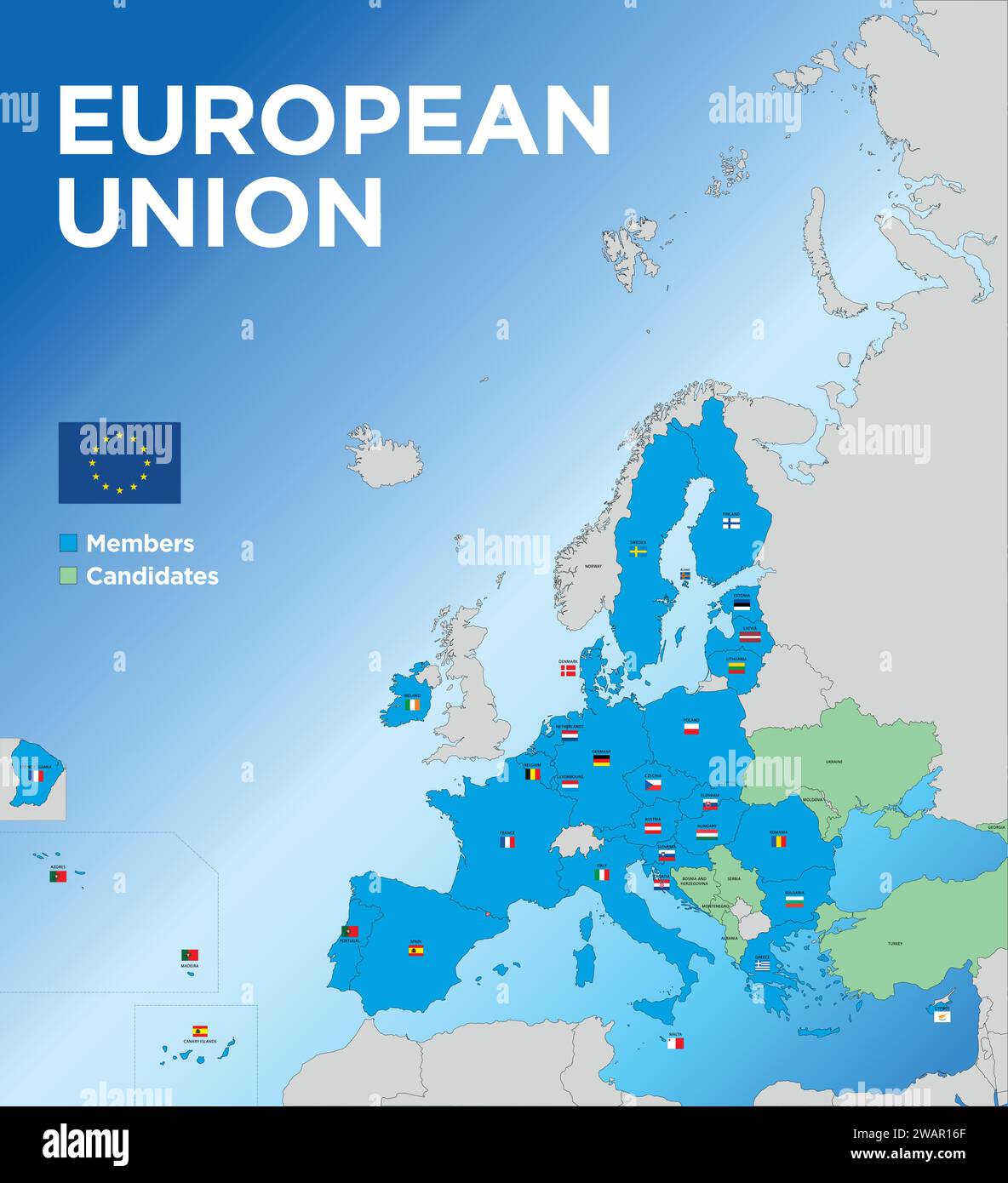 Karte der Europäischen Union mit der territorialen Aufteilung der staaten mit Namen und Flaggen