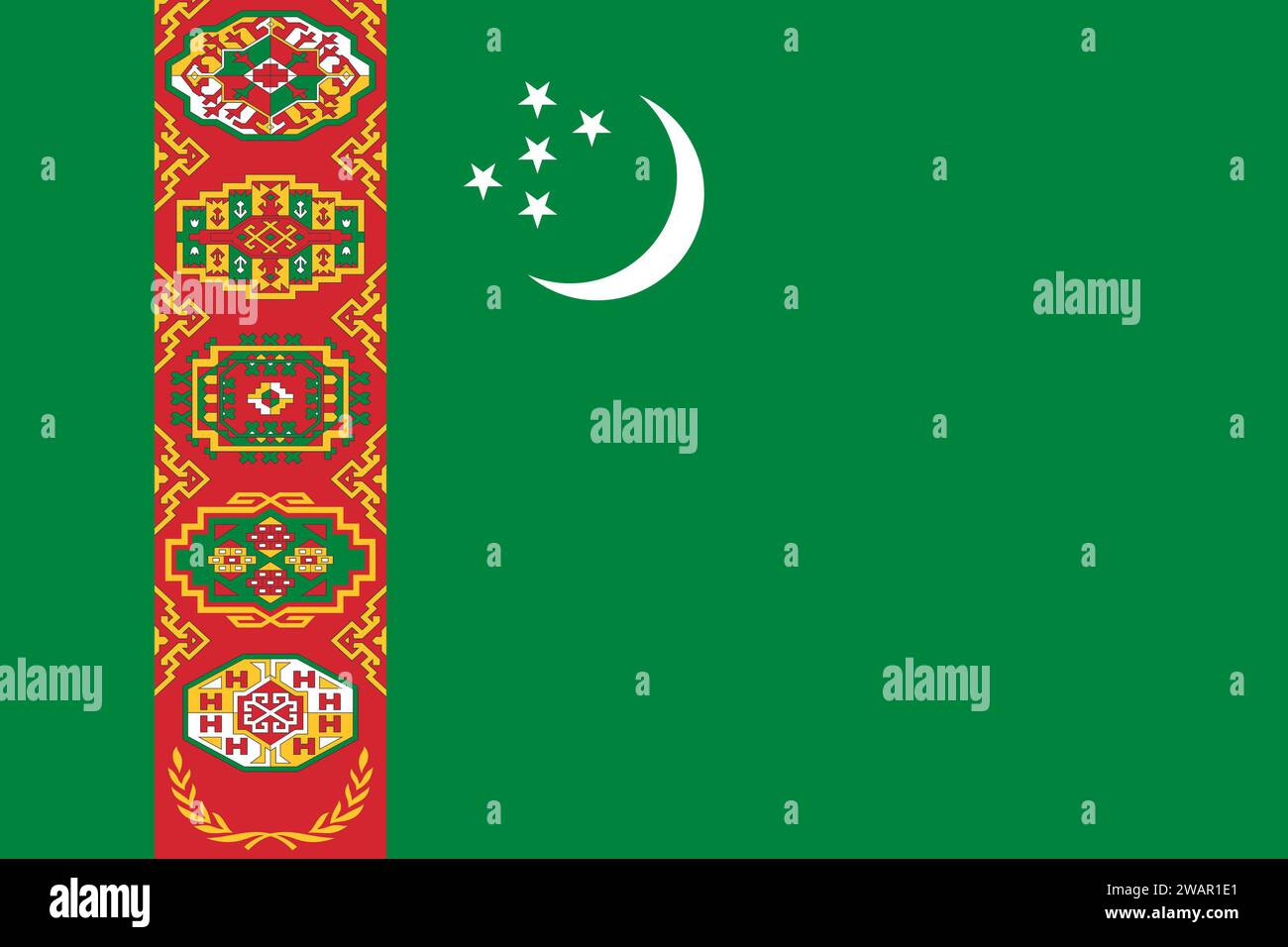 Hochdetaillierte Flagge Turkmenistans. Nationalflagge Turkmenistans. Asien. 3D-Abbildung. Stockfoto