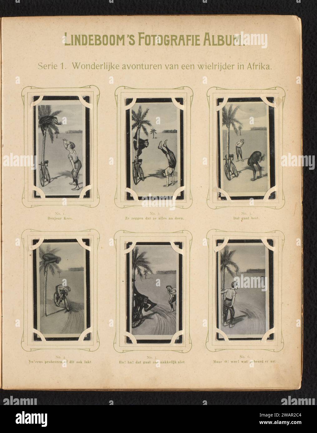 Sechs Reproduktionen von Zeichnungen eines Radfahrers an einer Palme mit Affen in Afrika, Anonym, 1905–1906 fotomechanischer Druck diese Drucke sind Teil eines Albums. Amsterdam Papier. Pappkollotypie reiten, Radfahren (Freizeit). Affen, Affen Afrika Stockfoto