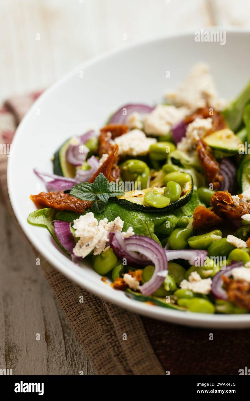 Schüssel mit hausgemachter Fava-Bohnen, Zucchini-Salat mit veganem Feta und sonnengetrockneten Tomaten. Stockfoto