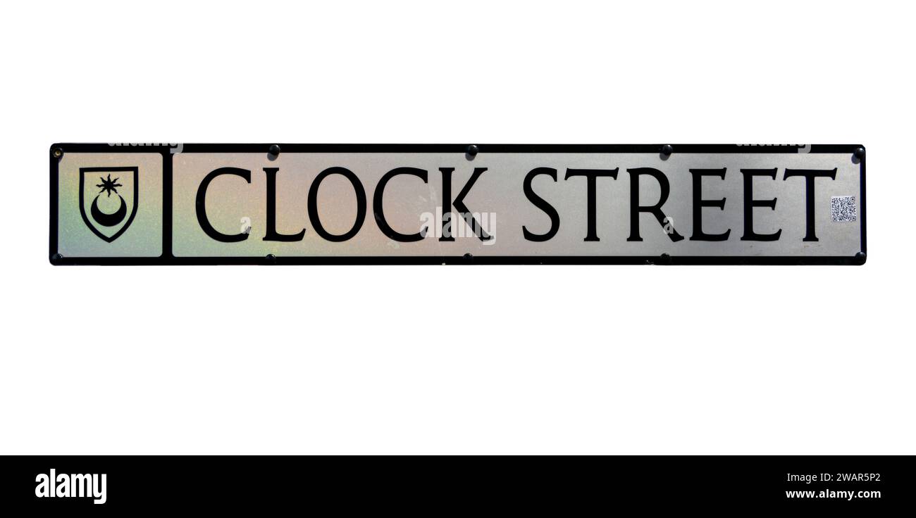 Clock Street - Straße / Straßenname - Ausschneiden. Stockfoto