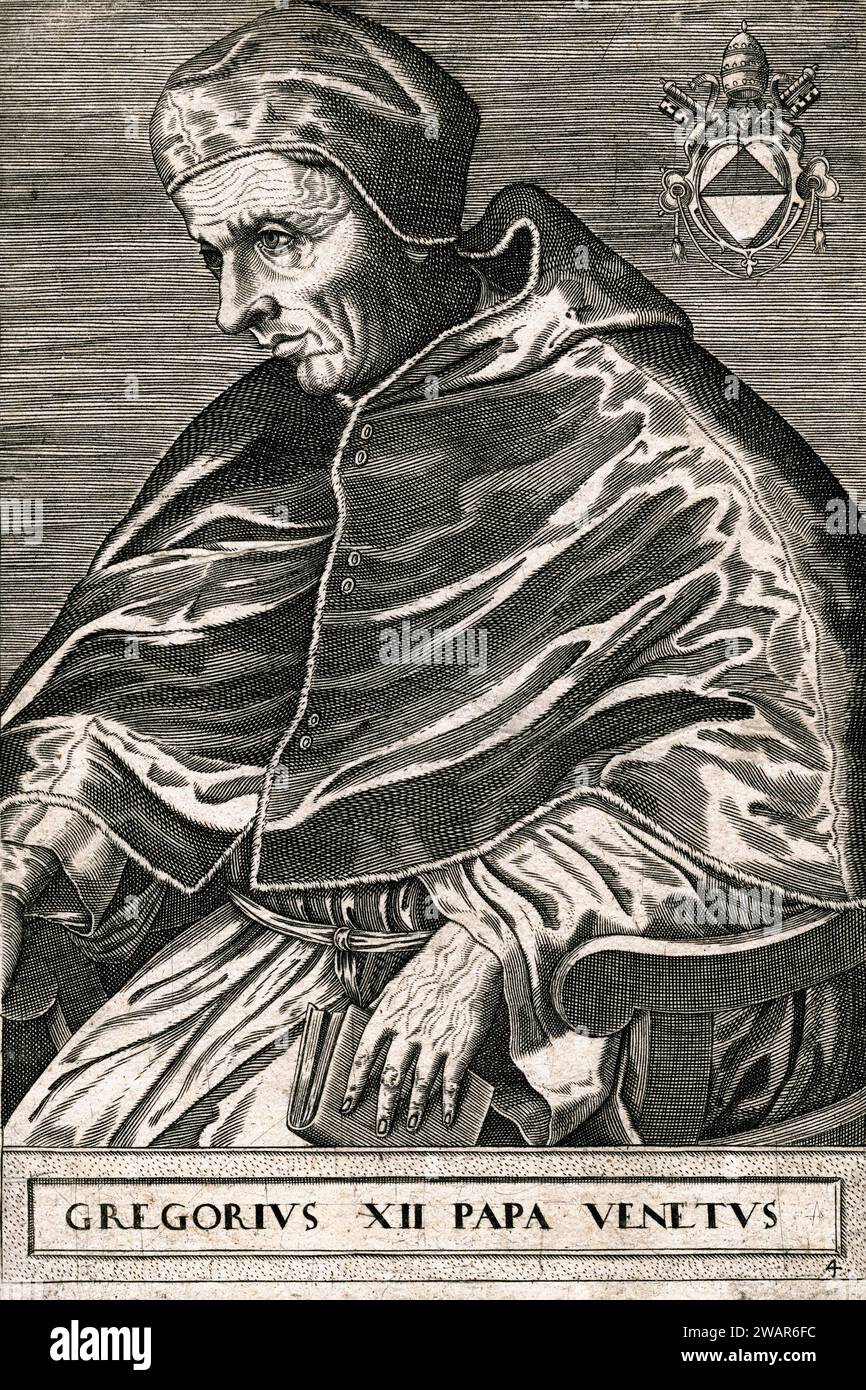 Porträt von Papst Gregor XII. (C1327-1417) (Papst 1406-1415) Gravur (1584) von Giovanni Battista Cavalieri. Vintage oder historische Illustration oder Gravur Stockfoto