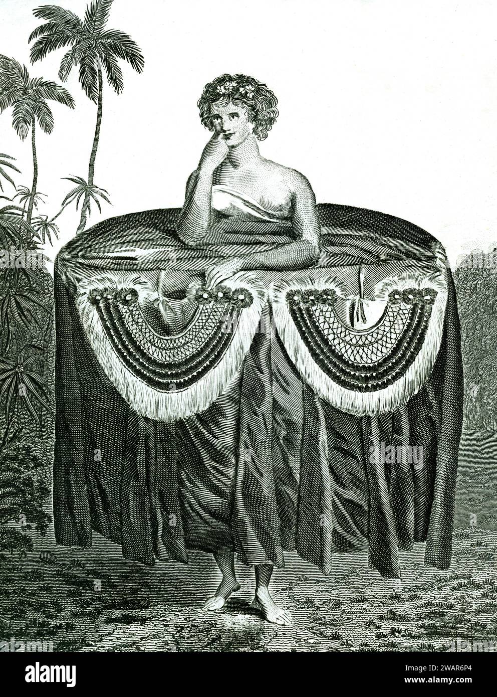 Kostüm der jungen Frau aus Tahiti, früher Otaheite, mit einem Geschenk oder Geschenk. Vintage oder historische Illustration oder Gravur 1794 Stockfoto