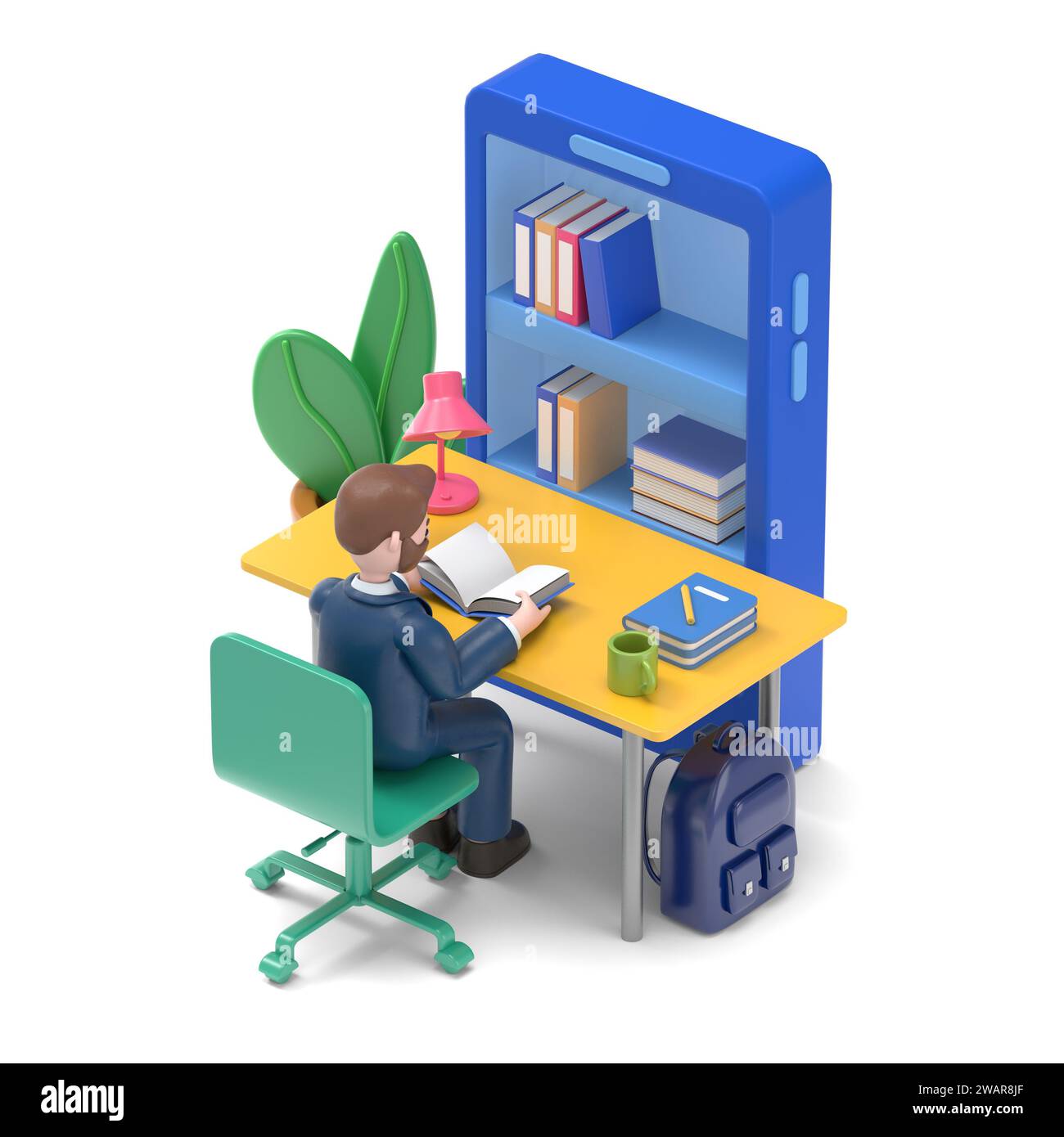 Student, der zu Hause studiert. Kann für Webbanner, Infografiken, Heldenbilder.3D-Illustration des asiatischen Mannes Felix.3D-Rendering auf weißem Hintergrund verwendet werden. Stockfoto