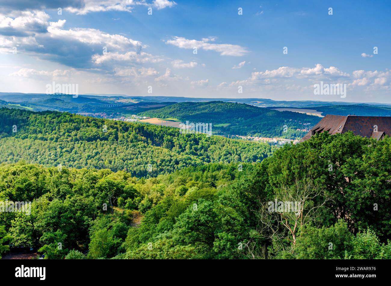 Panoramablick von der Wartburg über den Thüringer Wald, Eisenach, Thüringen, Deutschland Stockfoto