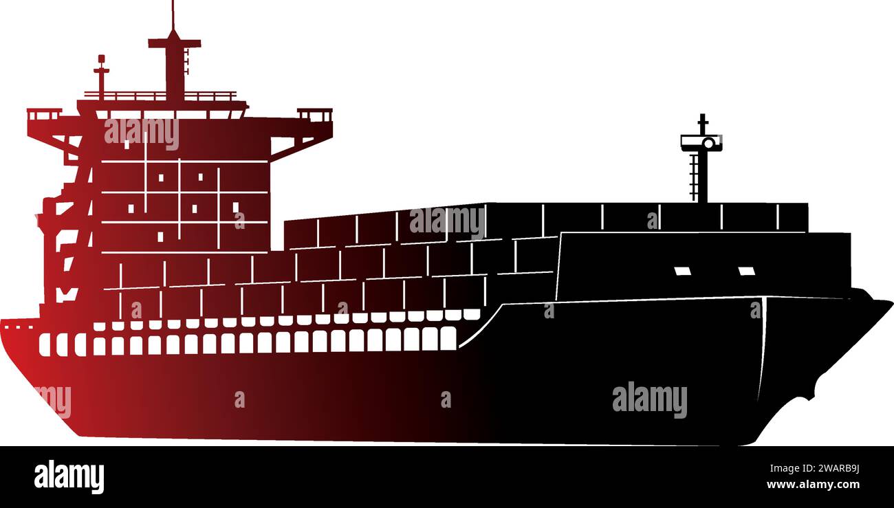 Rote Silhouette des Containerschiffs. Sea ​​transportation bedeutet Schiffslogo, Vektor-Illustration des Frachtschiffes, weißer Hintergrund Stock Vektor