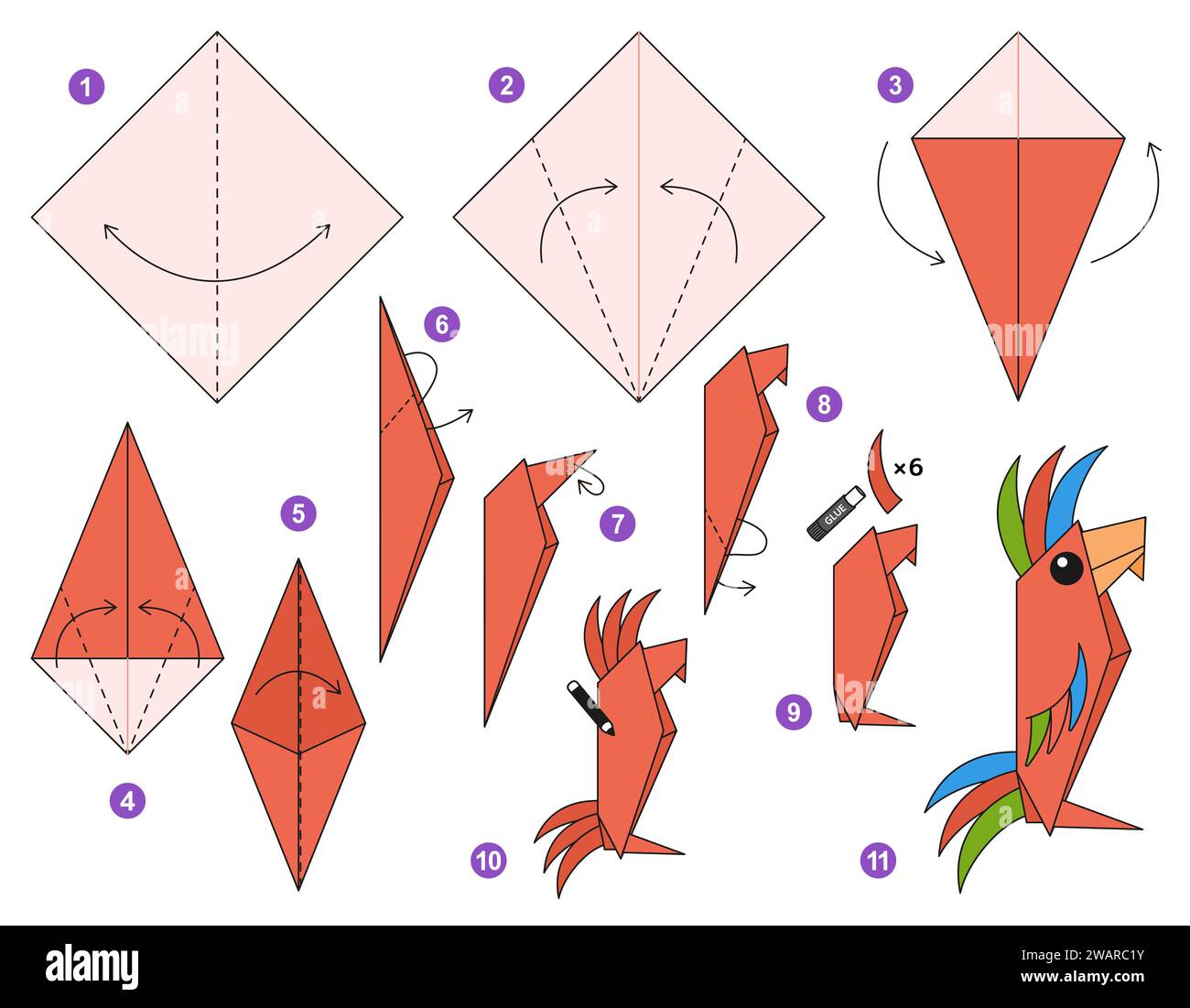 Origami-Tutorial für Kinder. Origami süßer Papagei. Stock Vektor