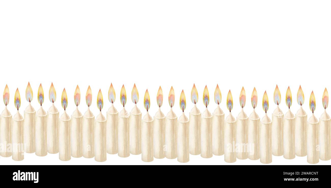 Aquarell horizontaler nahtloser Rand mit weißen Kerzen mit Flamme als Teemplate für Illustrationen zu Weihnachten, Candlemas, Hochzeit, Geburtstag, Ost Stockfoto