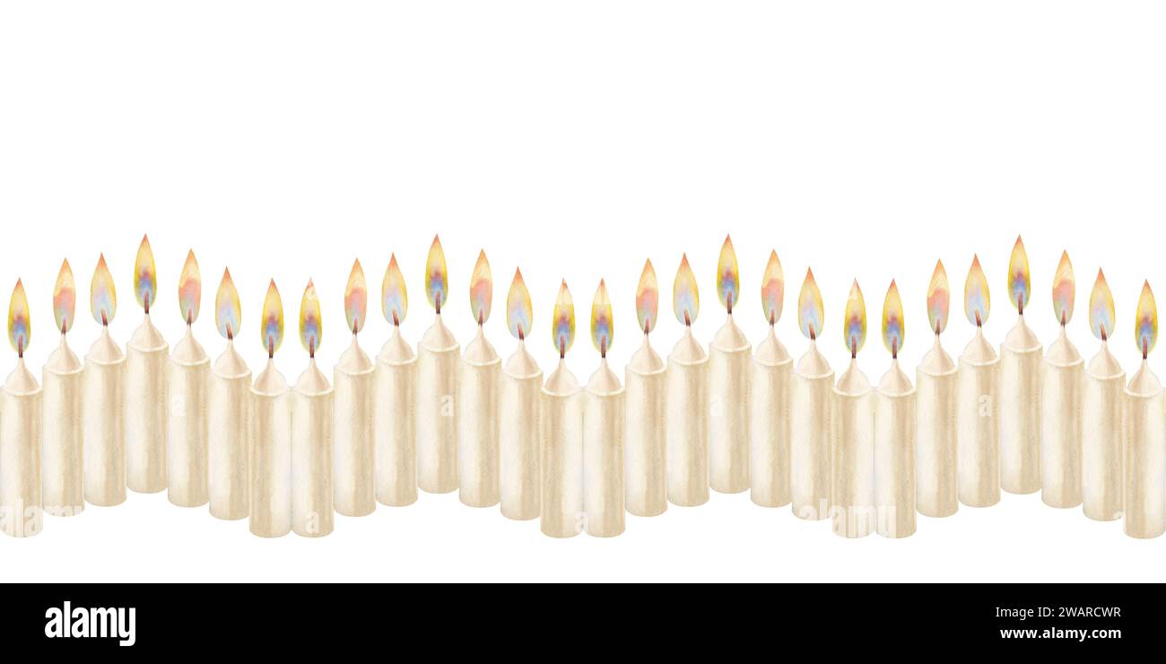 Aquarell horizontaler nahtloser Rand mit weißen Kerzen mit Flamme als Teemplate für Illustrationen zu Weihnachten, Candlemas, Hochzeit, Geburtstag, Ost Stockfoto