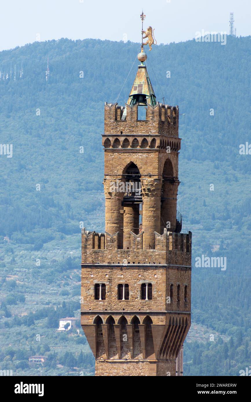 Florenz, Italien, 25. Juli 2023. Palazzo Vecchio auf der Piazza della Signoria, aus der Vogelperspektive Stockfoto