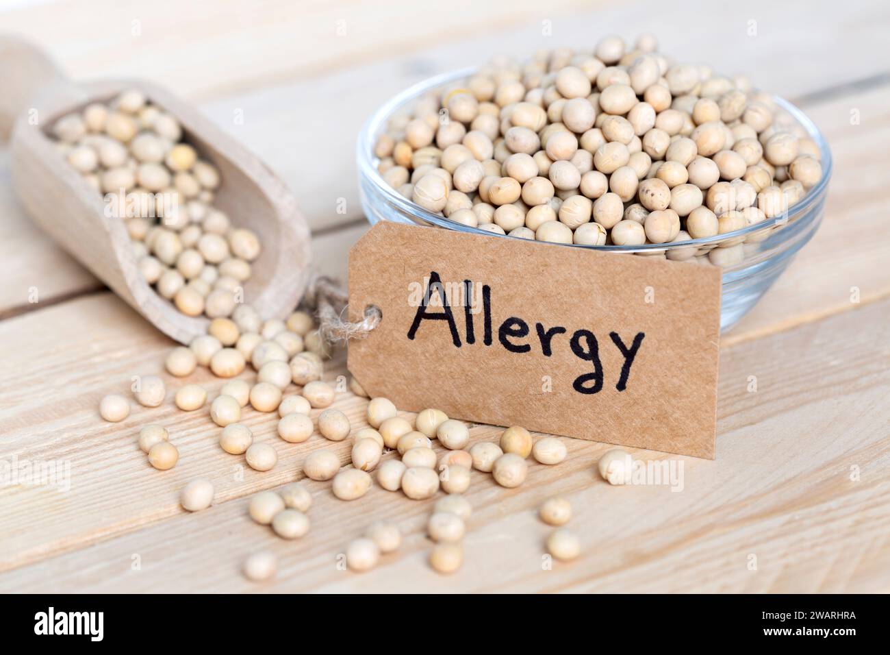 Schüssel Soja mit Etikett „Allergie“ Stockfoto