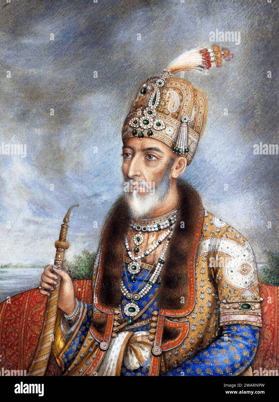 Bahadur Shah II. Porträt des zwanzigsten und letzten Mogulkaisers und eines Urdu-Dichters, Bahadur Shah II. (Mirza Abu Zafar Siraj-ud-din Muhammad; 1775–1862), gewöhnlich mit seinem poetischen Titel Bahadur Shah Zafar, ca. 1850 Stockfoto