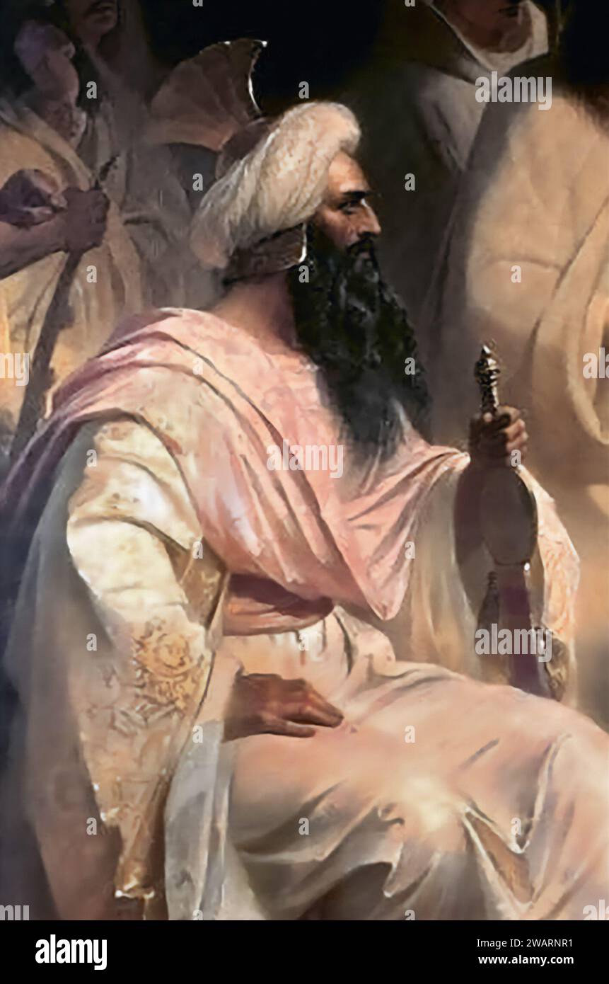 Harun al-Rashid. Porträt des abbasidischen Kalifen Abu Ja'Far Harun ibn Muhammad al-Mahdi (oder einfach Harun ibn al-Mahdi (ca. 763 oder 766 – 809), Detail von 1864 Gemälde von Julius Köckert, Öl auf Leinwand Stockfoto