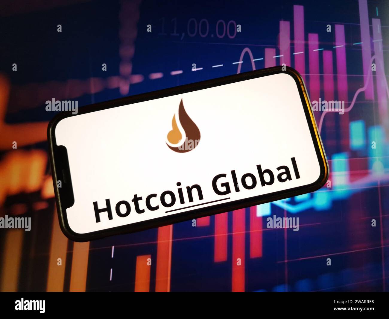 Konskie, Polen - 05. Januar 2024: Hotcoin Global Kryptowährungsbörse-Logo wird auf dem Smartphone auf dem Hintergrund von Kryptomarktdaten angezeigt Stockfoto