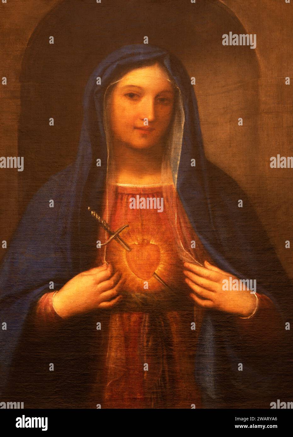 VICENZA, ITALIEN - 7. NOVEMBER 2023: Das Gemälde (Detail) des Herzens der Jungfrau Maria in der Kirche Chiesa di Santo Stefano von Giacoppo Negreti Stockfoto
