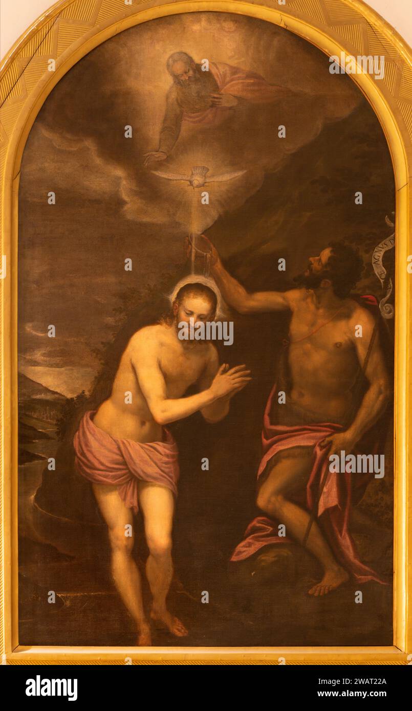 VICENZA, ITALIEN – 7. NOVEMBER 2023: Gemälde der Taufe Jesu in der Kirche Chiesa di Santo Stefano von Alessandro Maganza (1556–1630). Stockfoto