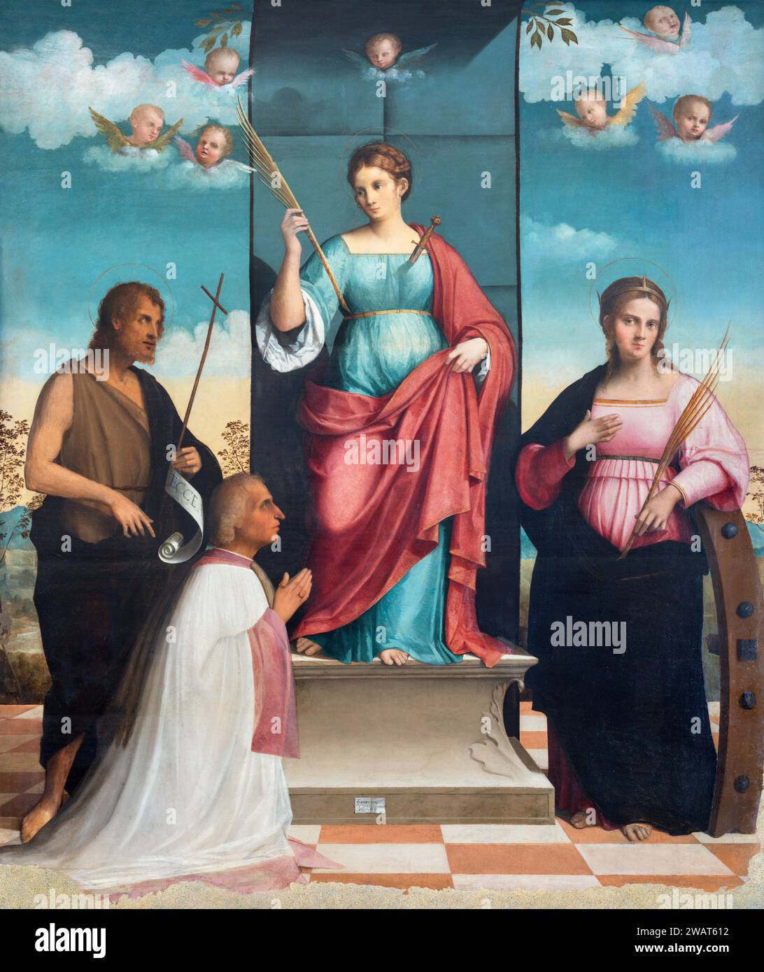 Treviso - das Gemälde von St. Justina, St. Katharina von Alexandria und St. Johannes der Täufer in der Kirche La Cattedrale di San Pietro Apostolo Stockfoto