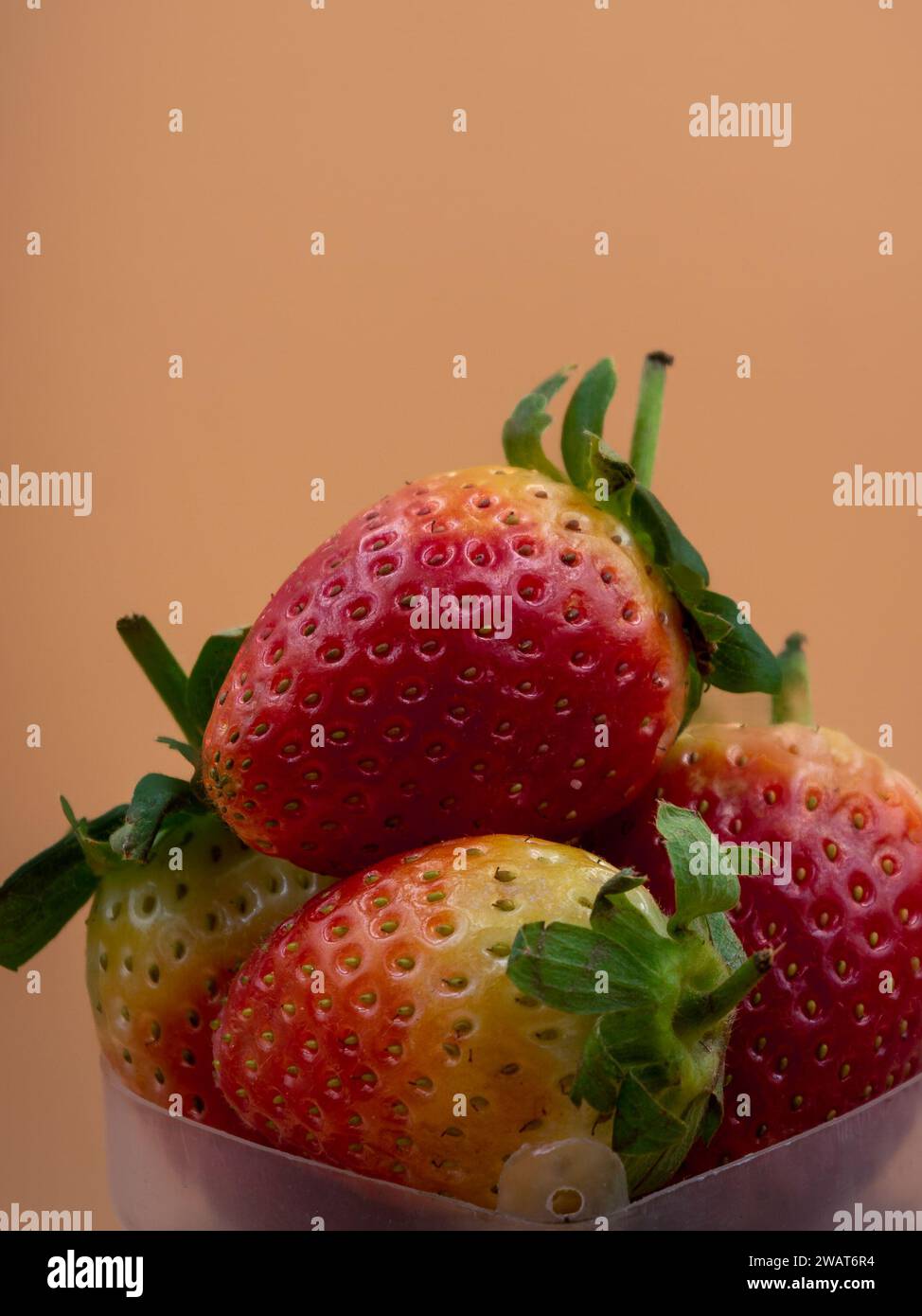 Frische Erdbeerfrüchte auf unscharfem Hintergrund, Farmen frisch Stockfoto