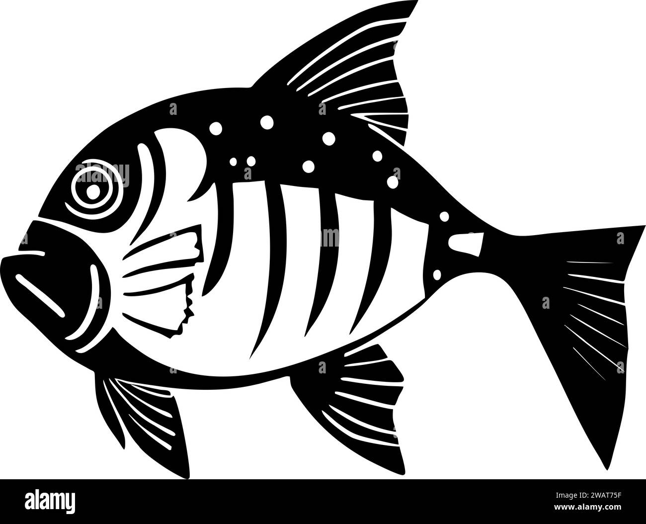 Schwarze Grafik, die stilisierte Fische auf weißem Hintergrund zeichnet, Logo, Design Stockfoto