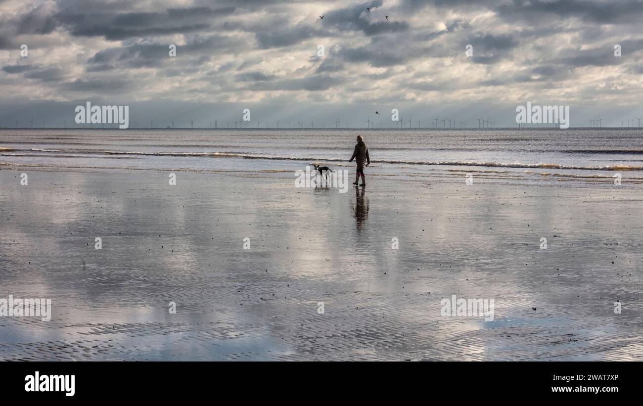 Dog Walker am Rustington Beach Stockfoto