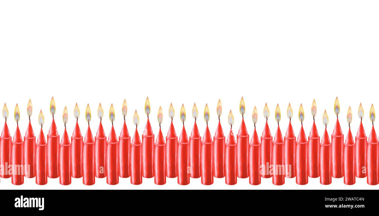 Aquarell nahtlose Borte mit roten Kerzen mit Flamme als Teemplate für Illustrationen zu Weihnachten, Candlemas, Hochzeit, Geburtstag, Ostern, Magie, ich Stockfoto