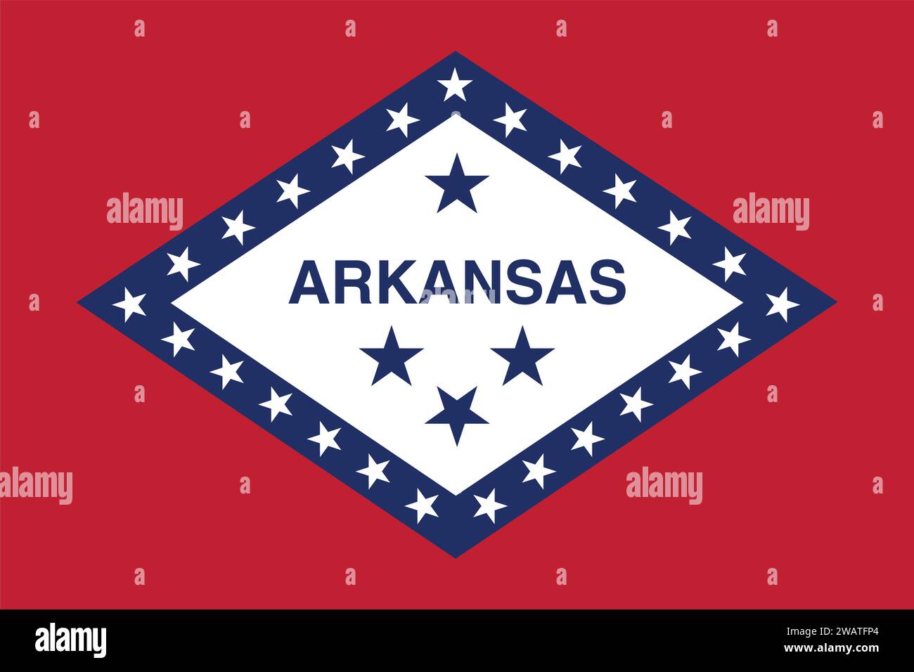 Detaillierte Flagge von Arkansas. Bundesflagge von Arkansas, Nationalflagge von Arkansas. Flagge des Bundesstaates Arkansas. USA. Amerika. Stock Vektor