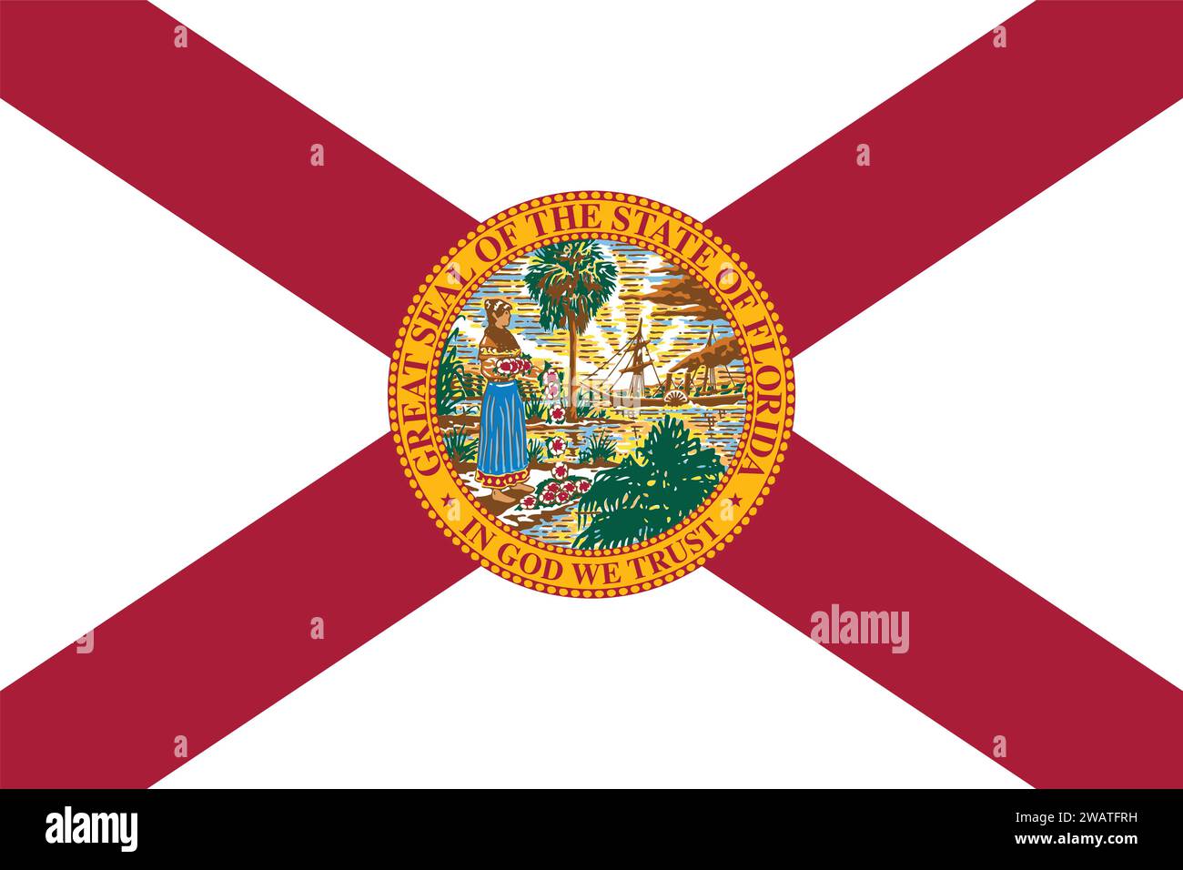 Detaillierte Flagge von Florida. Florida-Bundesflagge, Florida-Nationalflagge. Flagge des Bundesstaates Florida. USA. Amerika. Stock Vektor