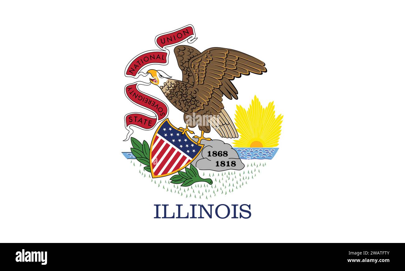 Detaillierte Flagge von Illinois. Bundesflagge von Illinois, Nationalflagge von Illinois. Flagge des Bundesstaates Illinois. USA. Amerika. Stock Vektor