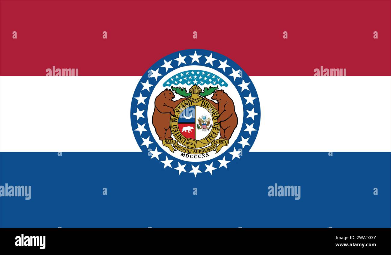 Detaillierte Flagge von Missouri. Missouri-Staatsflagge, Missouri-Nationalflagge. Flagge des Bundesstaats Missouri. USA. Amerika. Stock Vektor