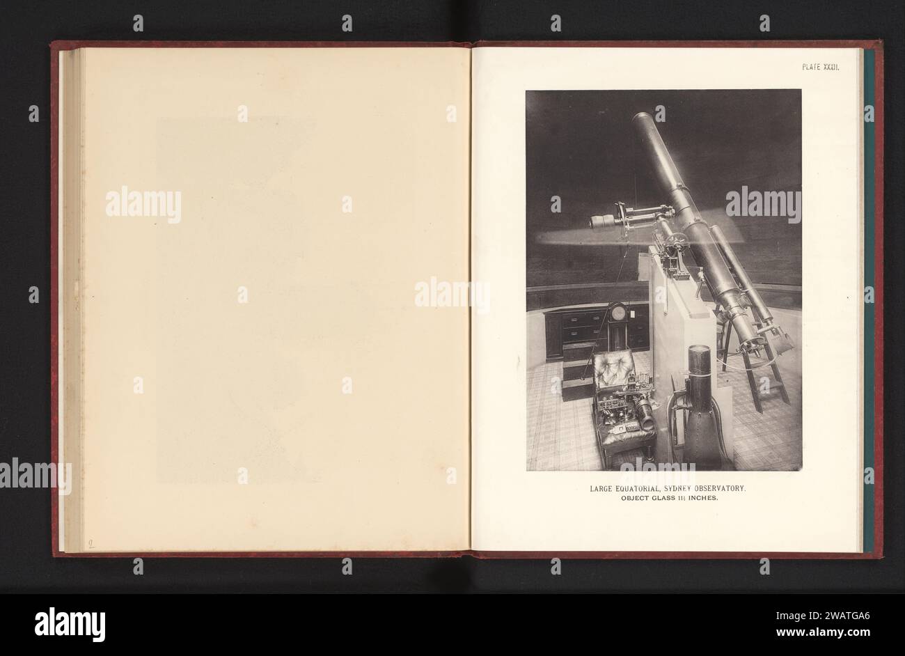 Großes Äquatorial, Sydney Observatory. Objekt Glas 11 1/2 Zoll, anonym, ca. 1882 - in oder vor 1892 photomechanischer Druck Observatory van Sydney Papier Kollotype Observatory ( Astronomie). Optische Instrumente Stockfoto