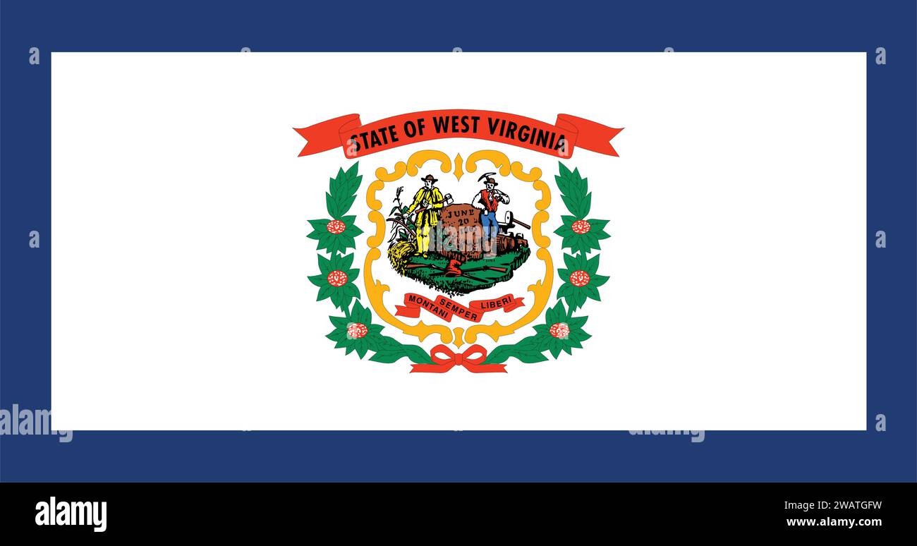 Detaillierte Flagge von West Virginia. Bundesflagge West Virginia, Nationalflagge West Virginia. Flagge des Bundesstaates West Virginia. USA. Amerika. Stock Vektor