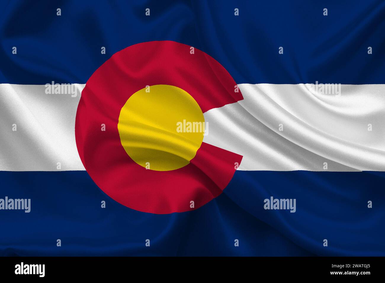 Detaillierte Flagge von Colorado. Colorado-Bundesflagge, Colorado-Nationalflagge. Flagge des Bundesstaates Colorado. USA. Amerika. Stockfoto