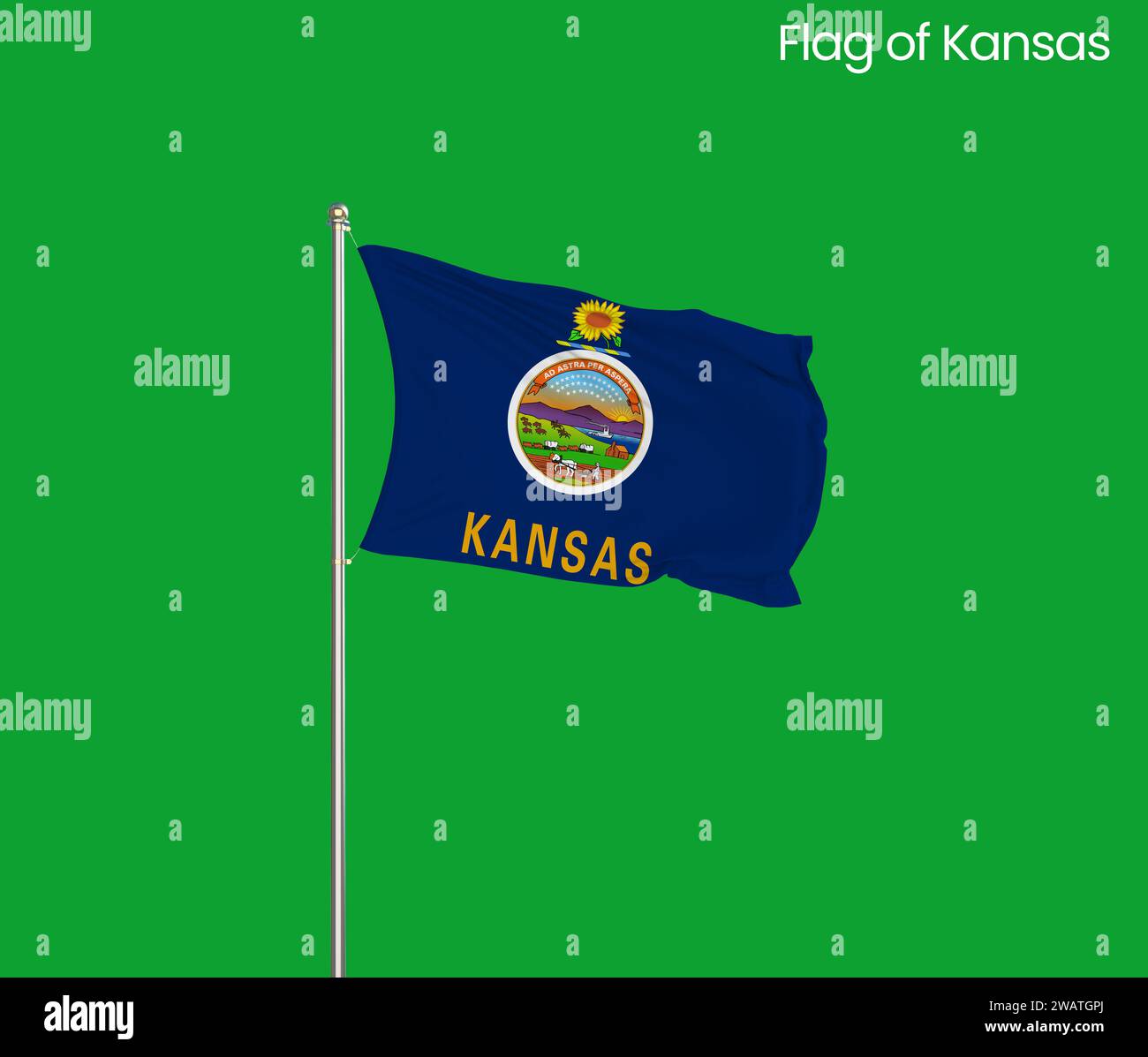 Detaillierte Flagge von Kansas. Kansas-Staatsflagge, Kansas-Nationalflagge. Flagge des Bundesstaates Kansas. USA. Amerika. Stockfoto