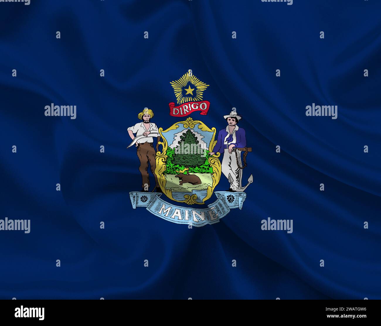 Detaillierte Flagge von Maine. Maine-Staatsflagge, nationale Maine-Flagge. Flagge des Bundesstaates Maine. USA. Amerika. Stockfoto