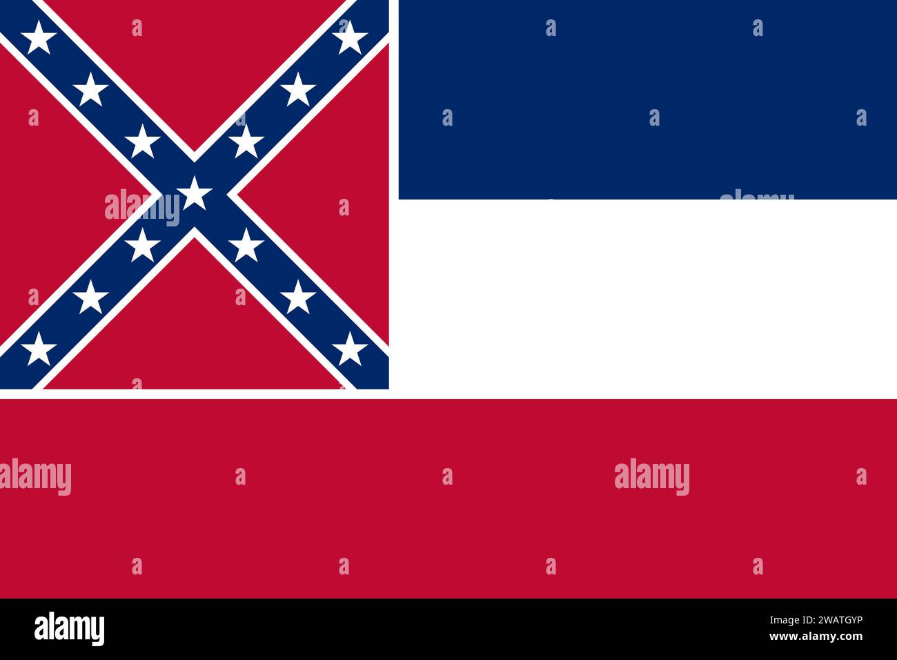 Detaillierte Flagge von Mississippi. Mississippi-Staatsflagge, Mississippi-Staatsflagge. Flagge des Staates Mississippi. USA. Amerika. Stockfoto
