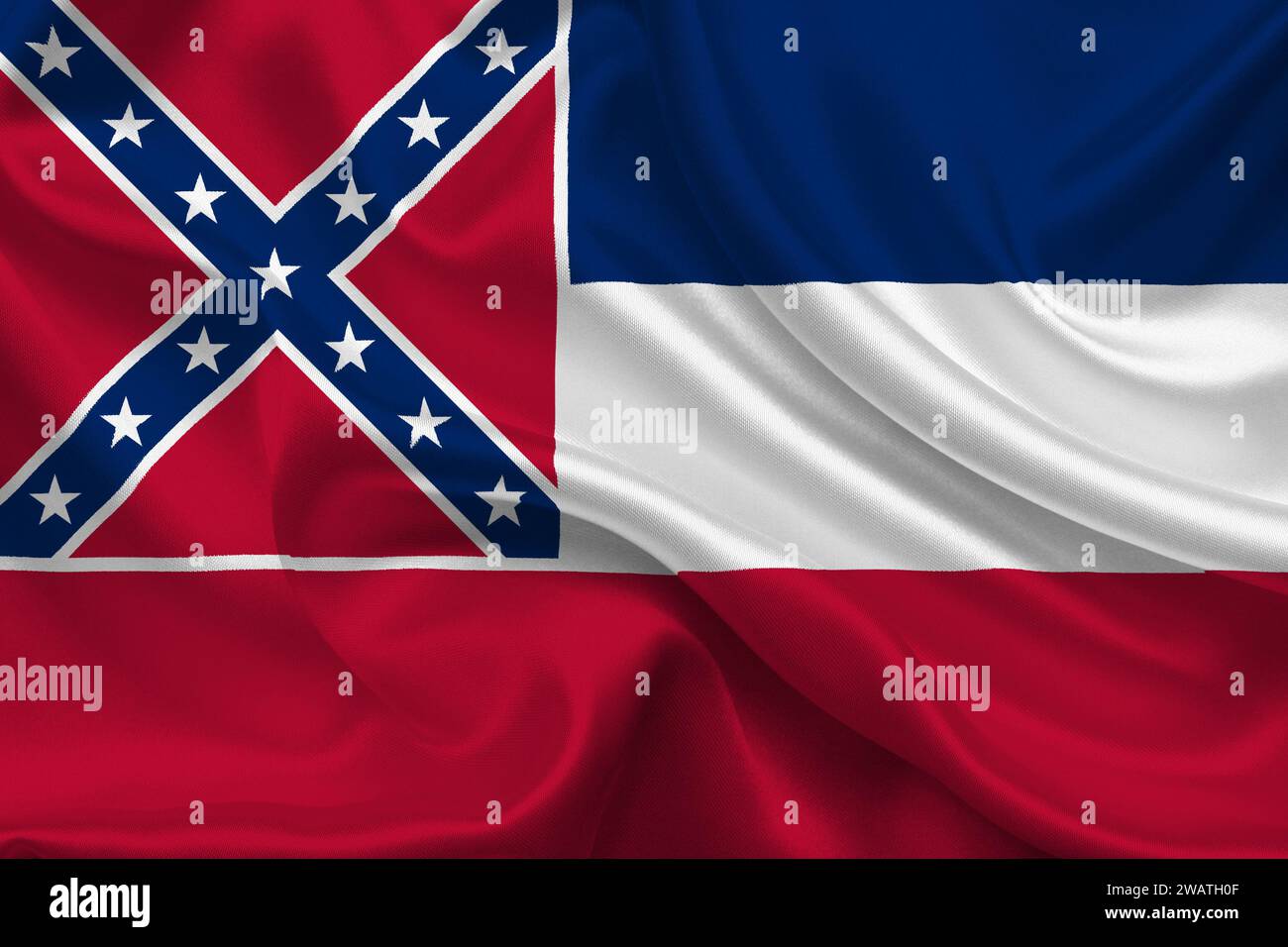 Detaillierte Flagge von Mississippi. Mississippi-Staatsflagge, Mississippi-Staatsflagge. Flagge des Staates Mississippi. USA. Amerika. Stockfoto